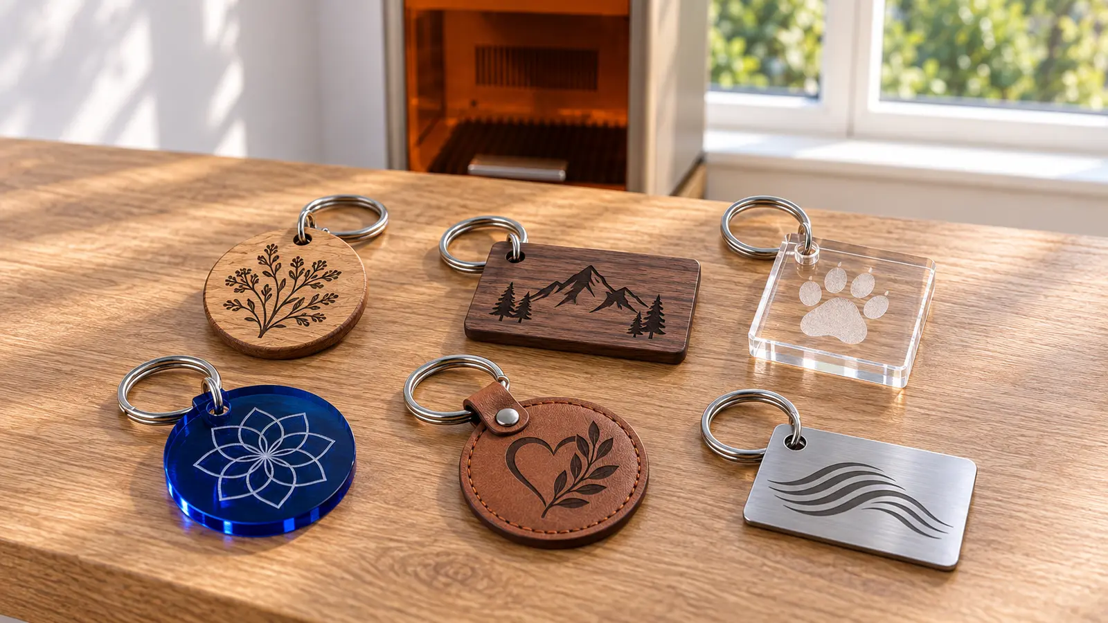 Personalised laser-engraved keyrings in wood and acrylic