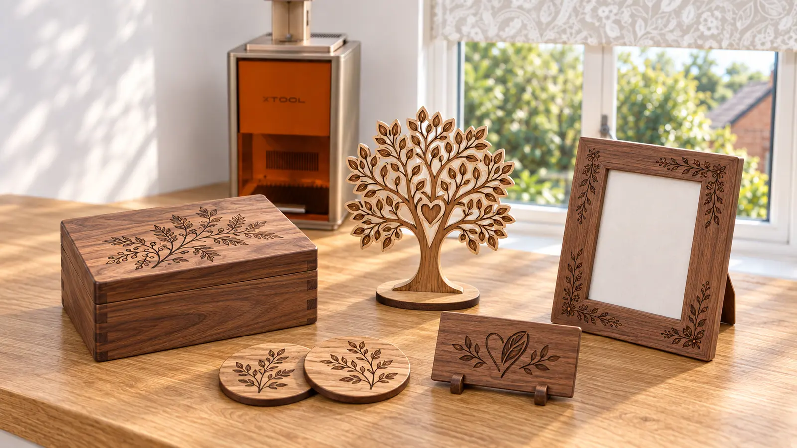 Laser-engraved wooden gifts including signs and keepsakes