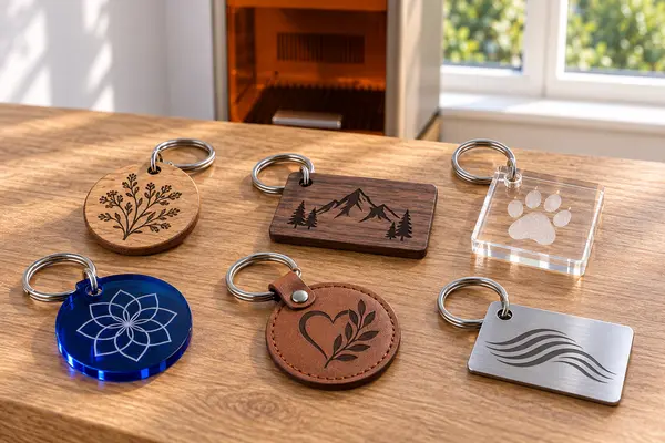 Personalised laser-engraved keyrings in wood and acrylic