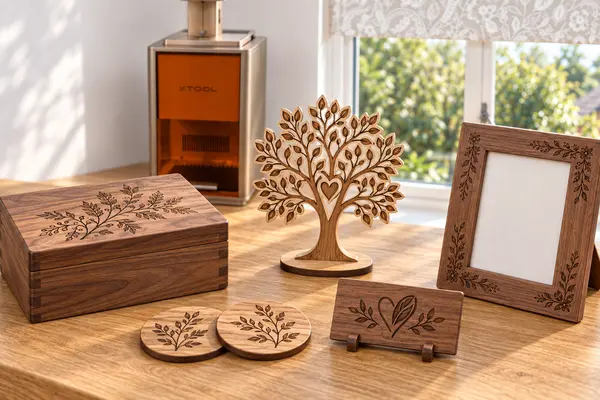 Laser-engraved wooden gifts including signs and keepsakes